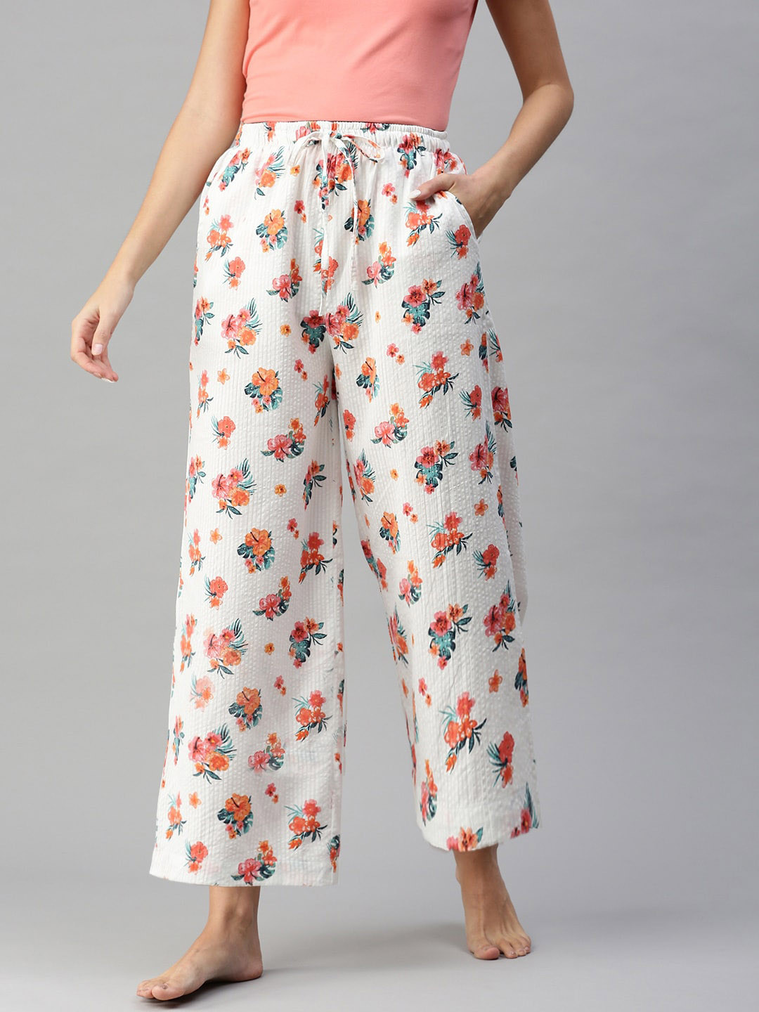 

Bareblow Women Printed Cotton Flared Lounge Pants, White