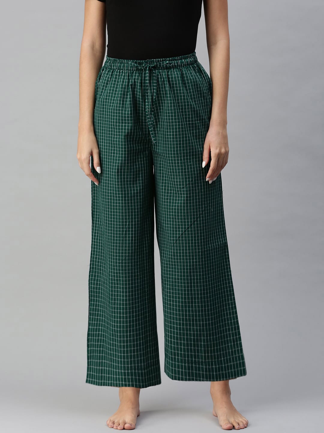 

Bareblow Women Checked Cotton Flared Lounge Pants, Green