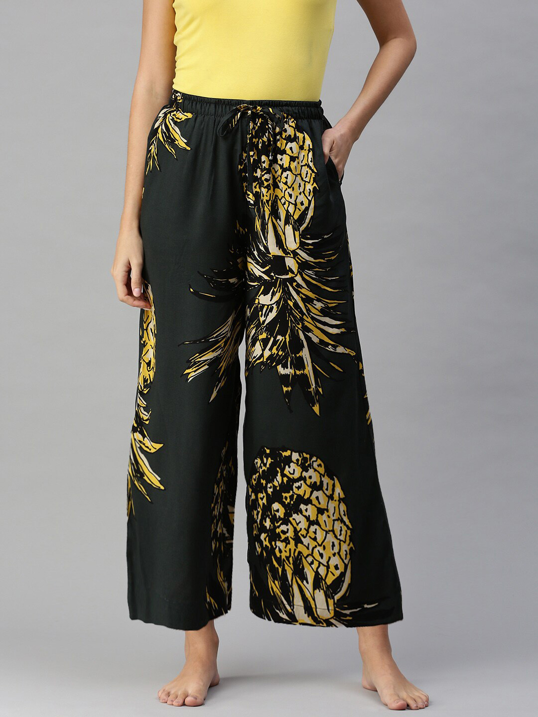 

Bareblow Women Printed Cotton Flared Lounge Pants, Green