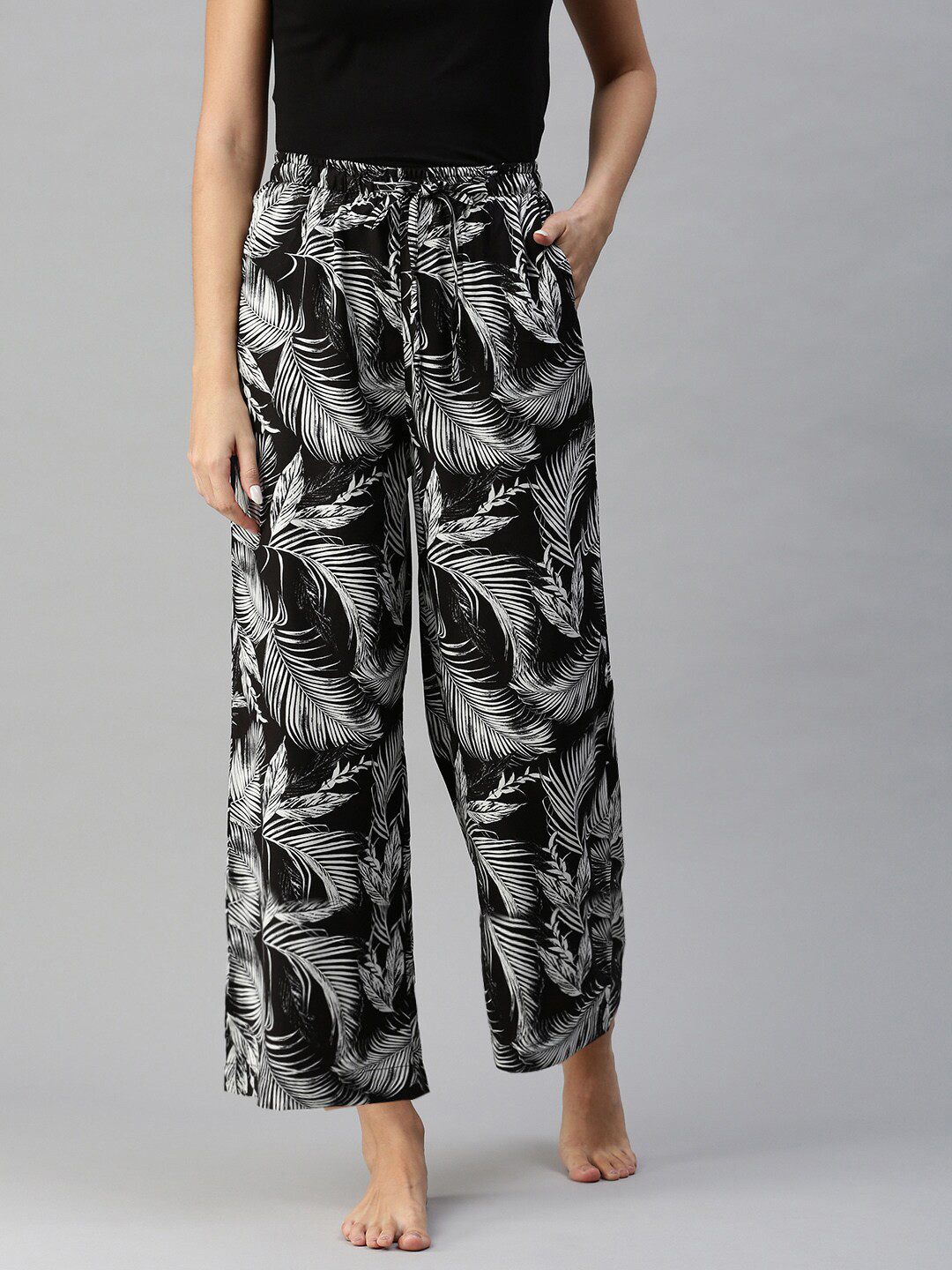 

Bareblow Women Printed Cotton Flared Lounge Pants, Black