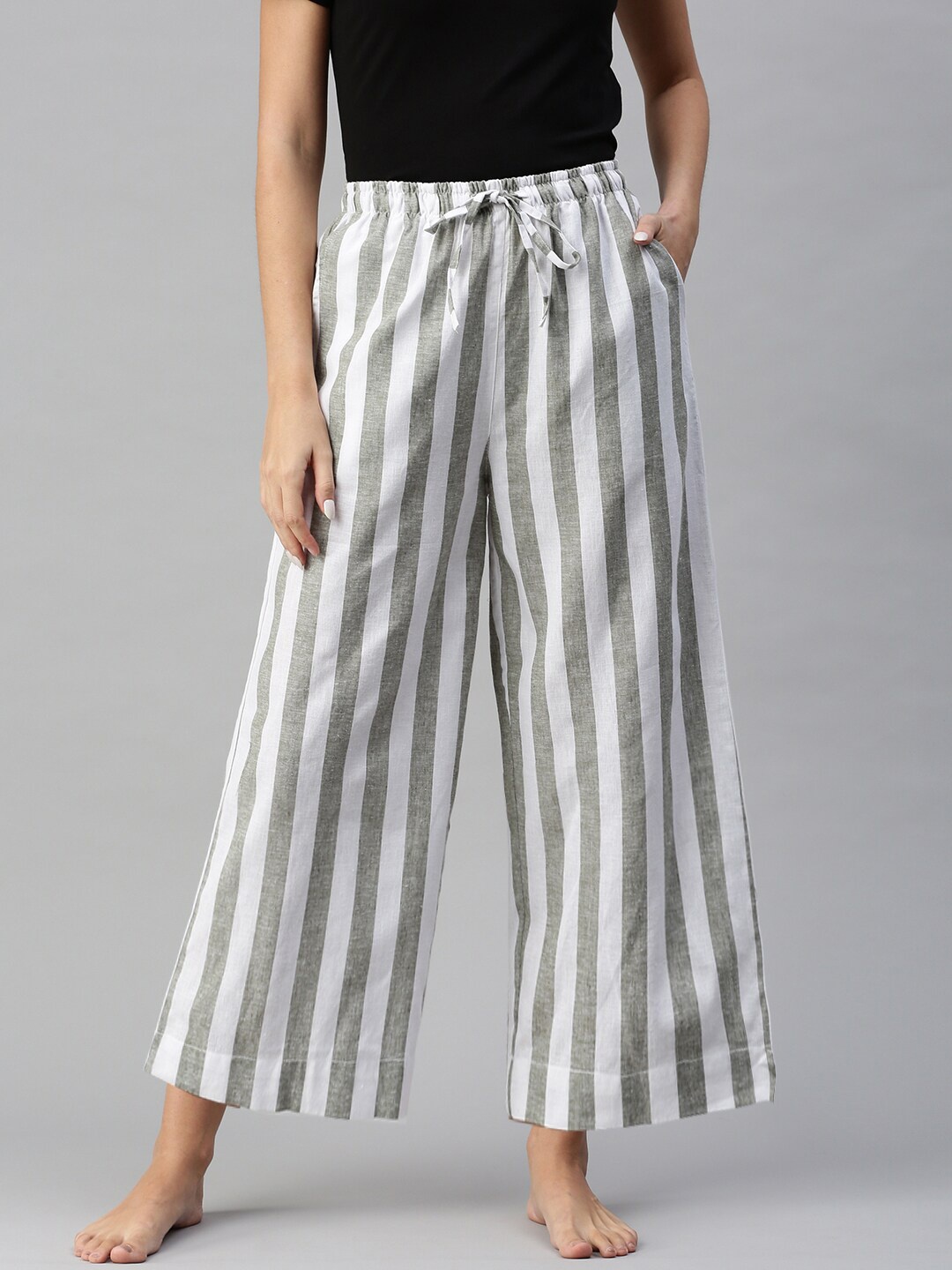 

Bareblow Women Striped Cotton Flared Lounge Pants, White
