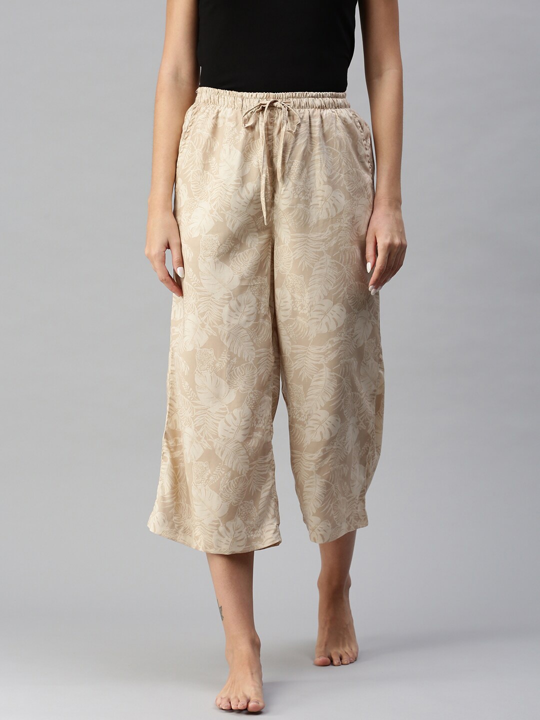 

Bareblow Women Printed Cotton Flared Lounge Pants, Cream