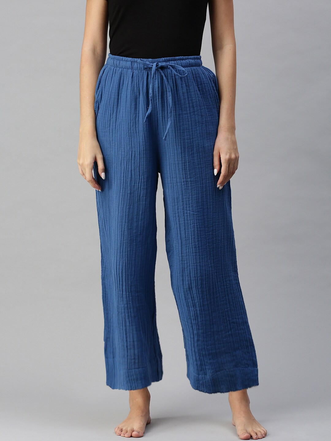 

Bareblow Women Cotton Flared Lounge Pants, Blue