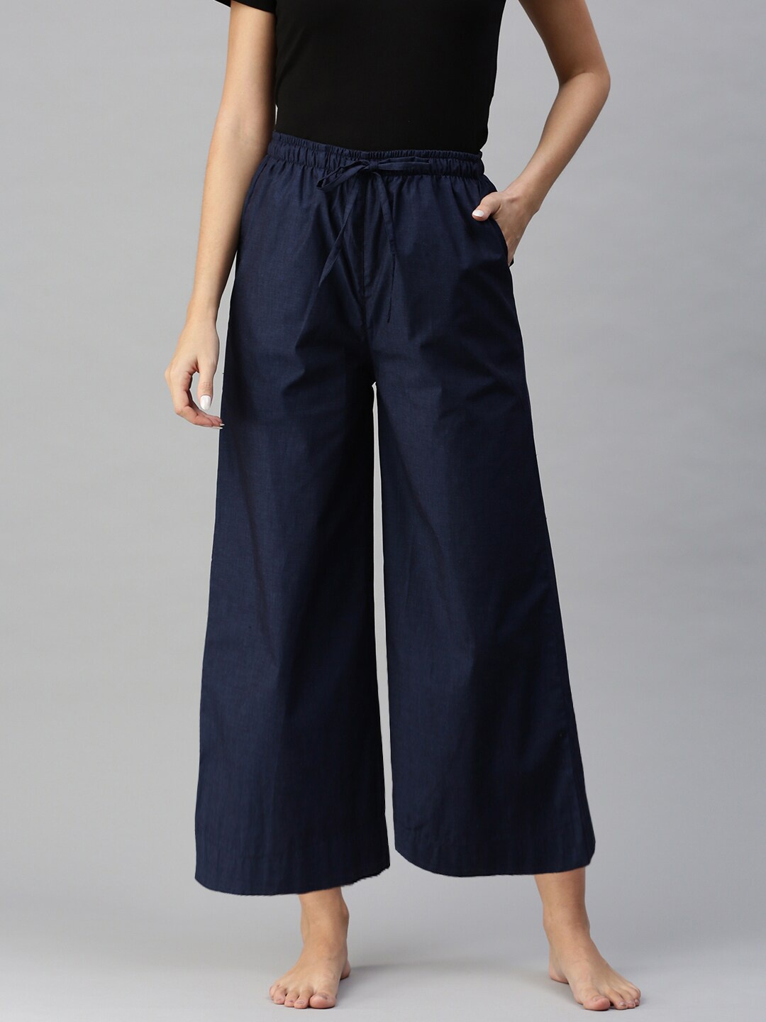 

Bareblow Women Cotton Flared Lounge Pants, Navy blue