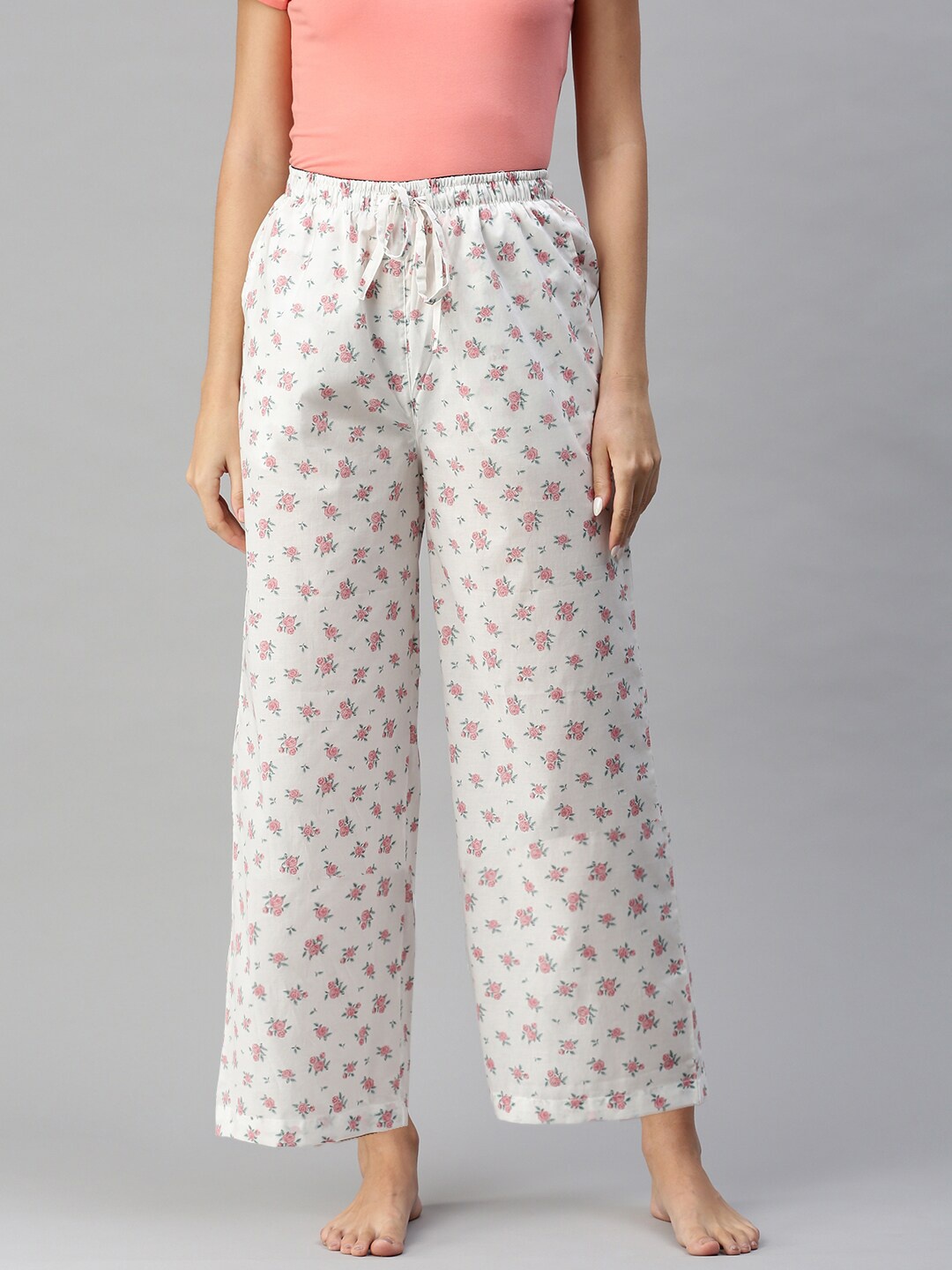 

Bareblow Women Printed Cotton Flared Lounge Pants, White