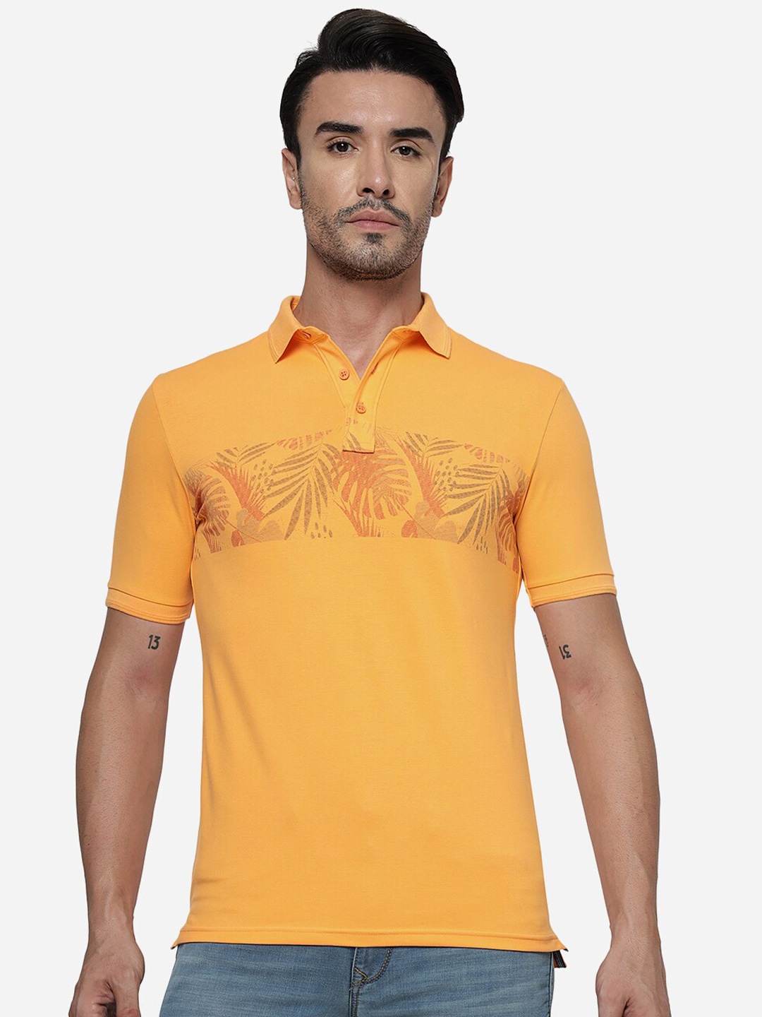 

JADE BLUE Polo Collar Slim Fit Tropical Printed Pure Cotton T-shirt, Orange