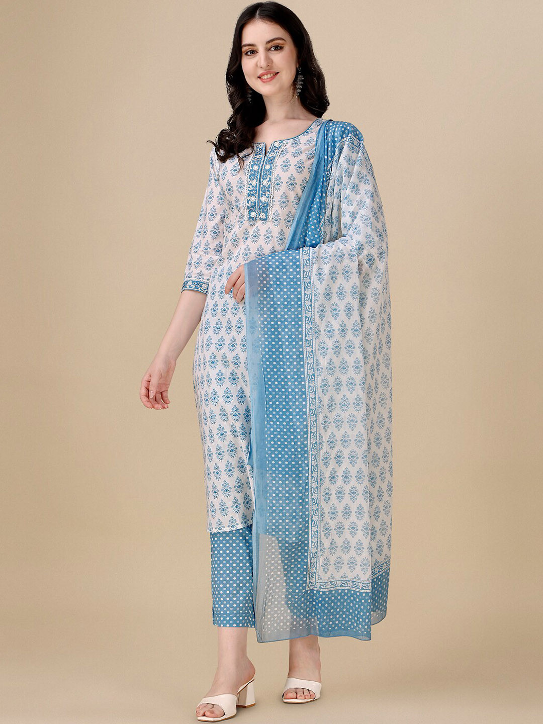 

Kasak Ethnic Motifs Printed Pure Cotton Kurti with Trousers & Dupatta, Blue