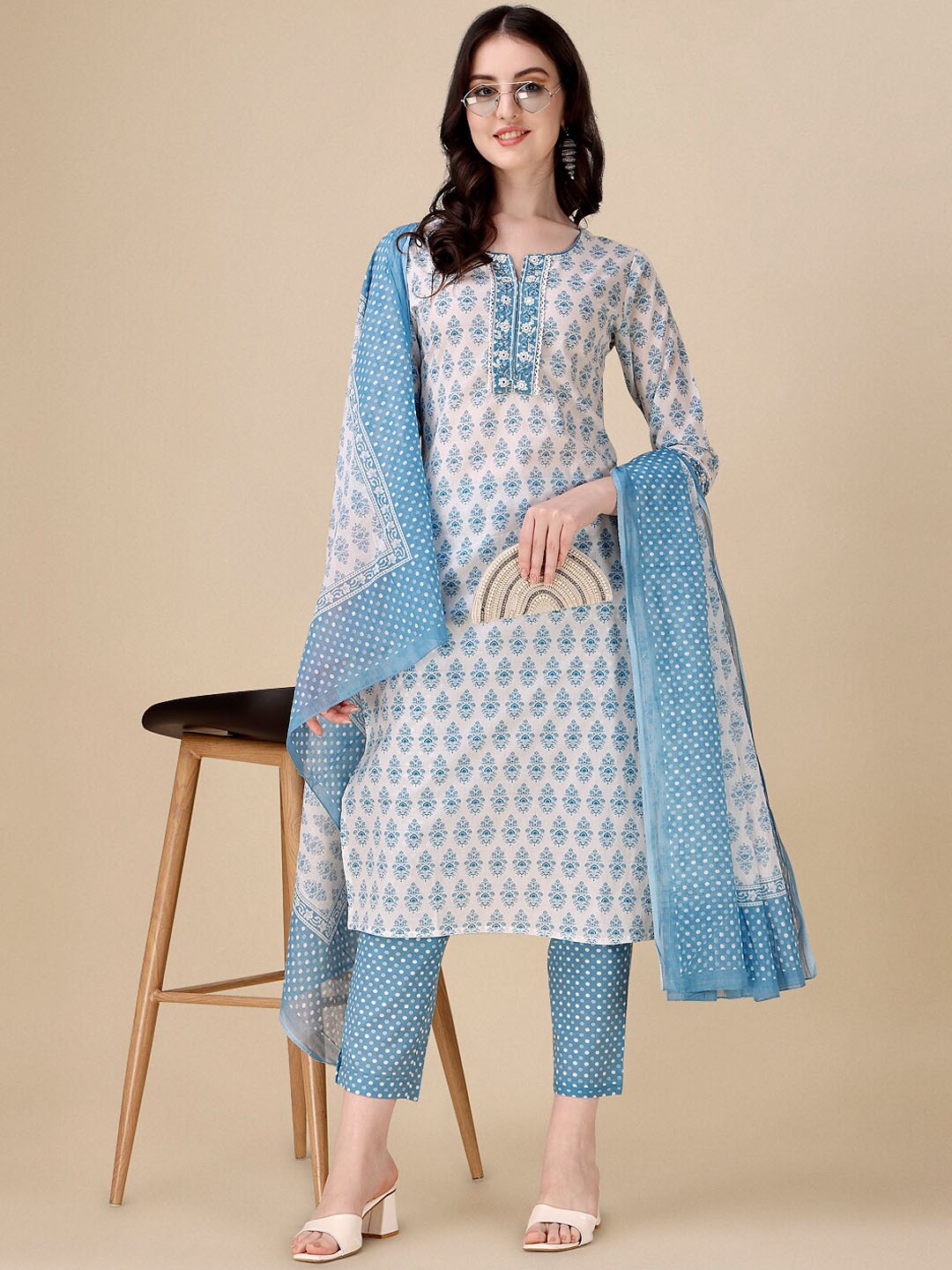 

Kasak Ethnic Motifs Printed Pure Cotton Kurta with Trousers & Dupatta, Blue