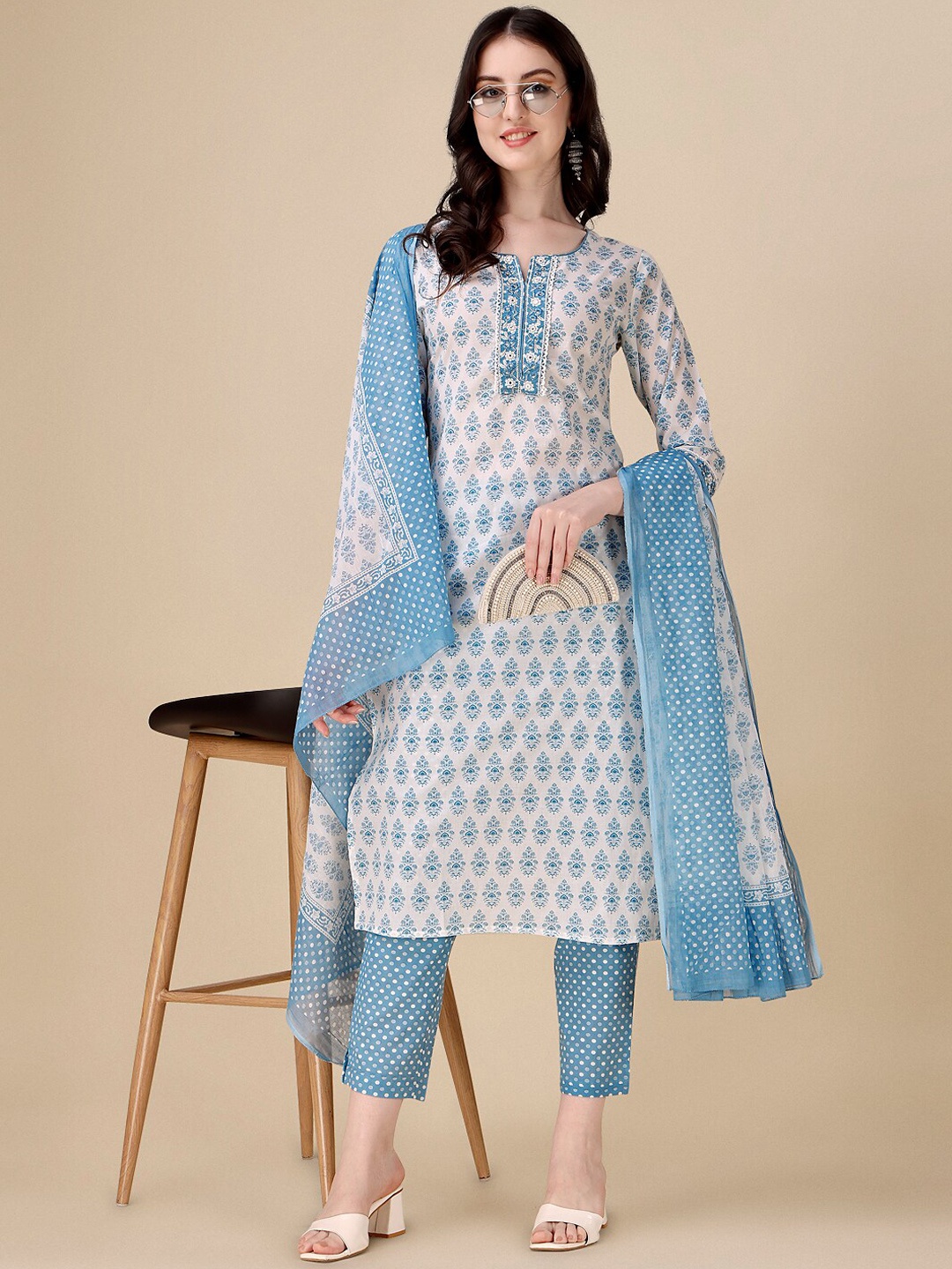 

Kasak Floral Printed Pure Cotton Kurta with Trousers & Dupatta, Blue