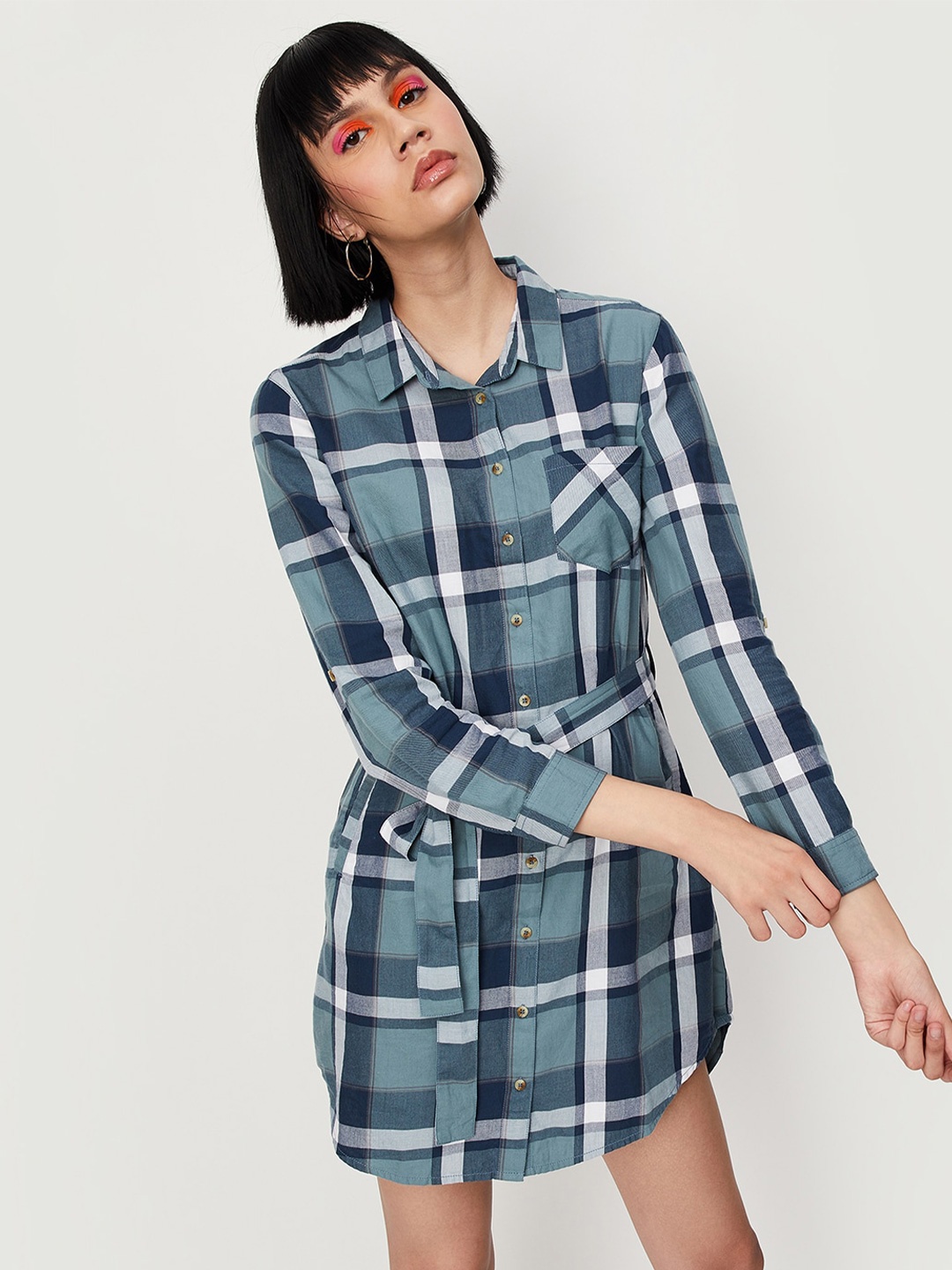 

max Checked Pure Cotton Waist Tie-Up Mini Shirt Dress, Green