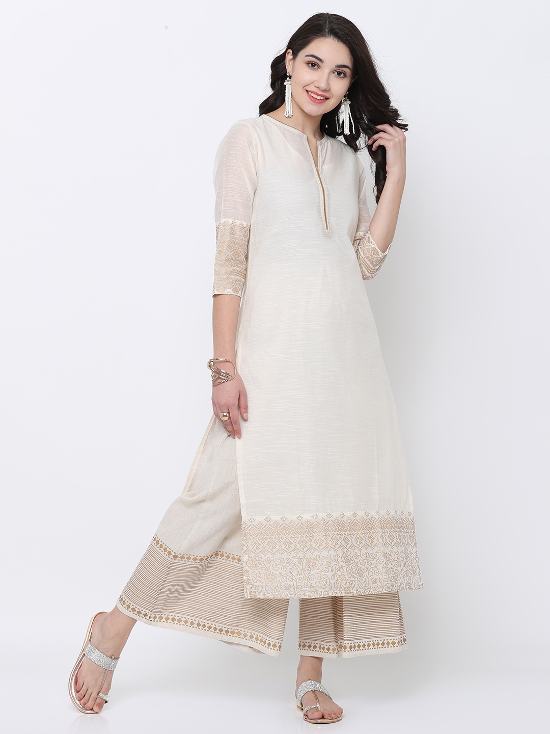 

Vishudh Women Cream-Coloured & Gold-Toned Printed Straight Kurta