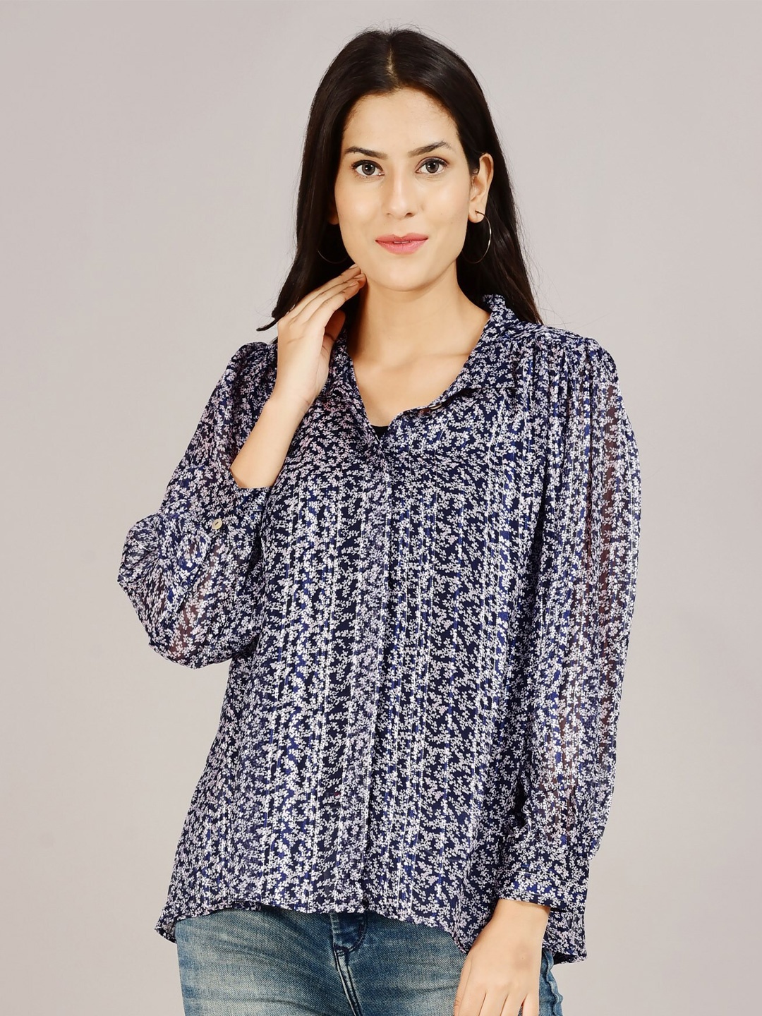 

HERE&NOW Navy Blue & White Floral Print Chiffon Top