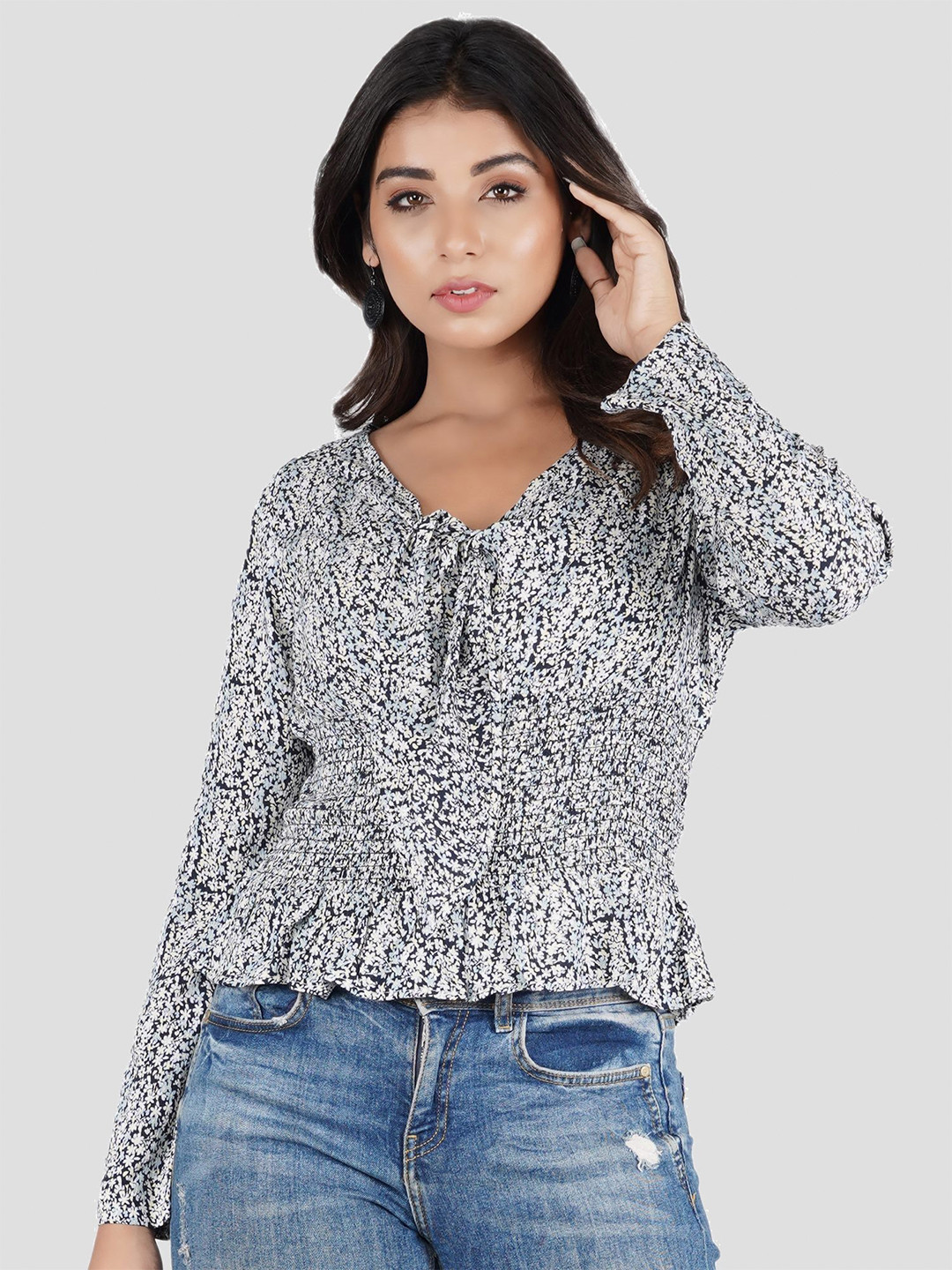 

HERE&NOW Blue Tie Up Neck Floral Print Smocked Blouson Top