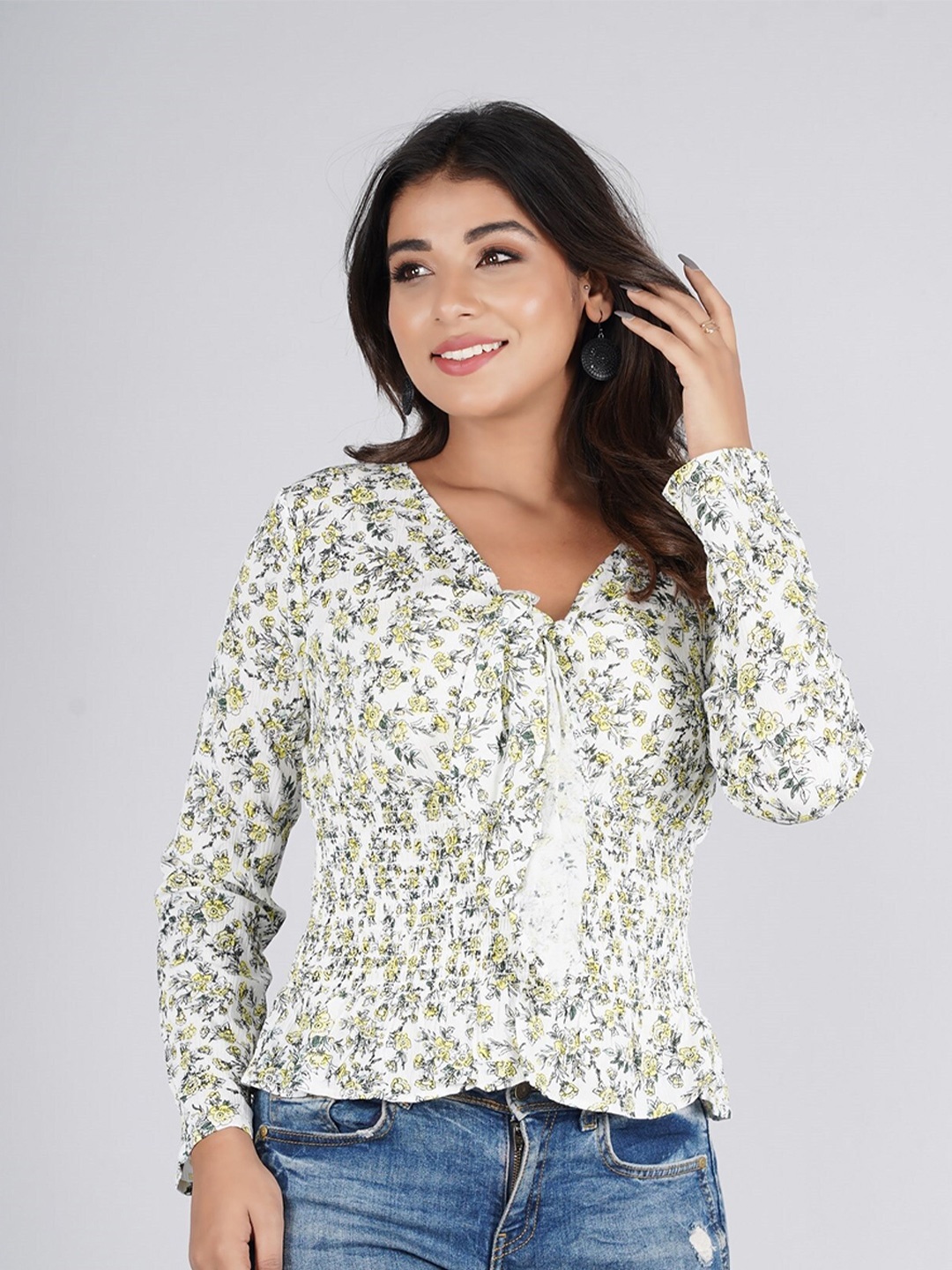 

HERE&NOW Yellow & Off White Floral Print Tie-Up Neck Top