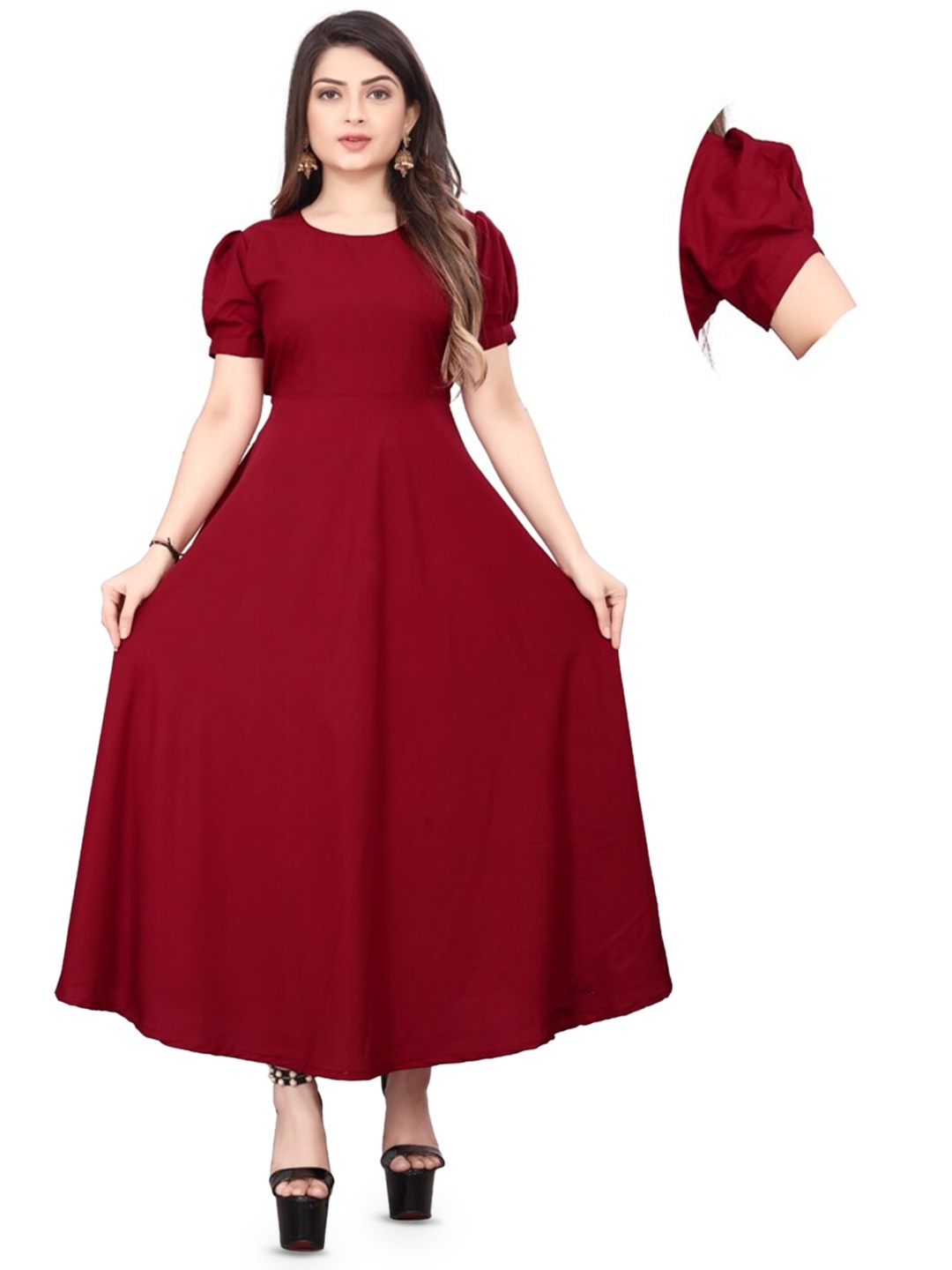 

N N ENTERPRISE Maroon Crepe Fit & Flare Midi Dress