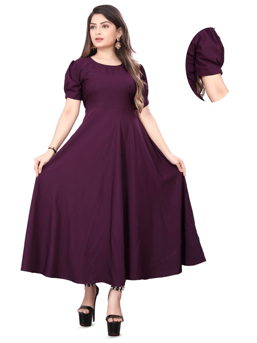 

N N ENTERPRISE Purple Puff Sleeve Crepe Fit & Flare Maxi Dress