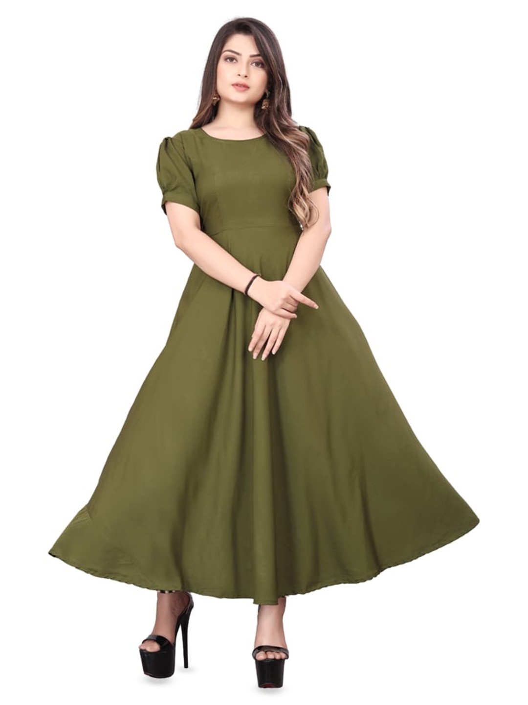 

N N ENTERPRISE Olive Green Puff Sleeve Crepe Fit & Flare Maxi Dress