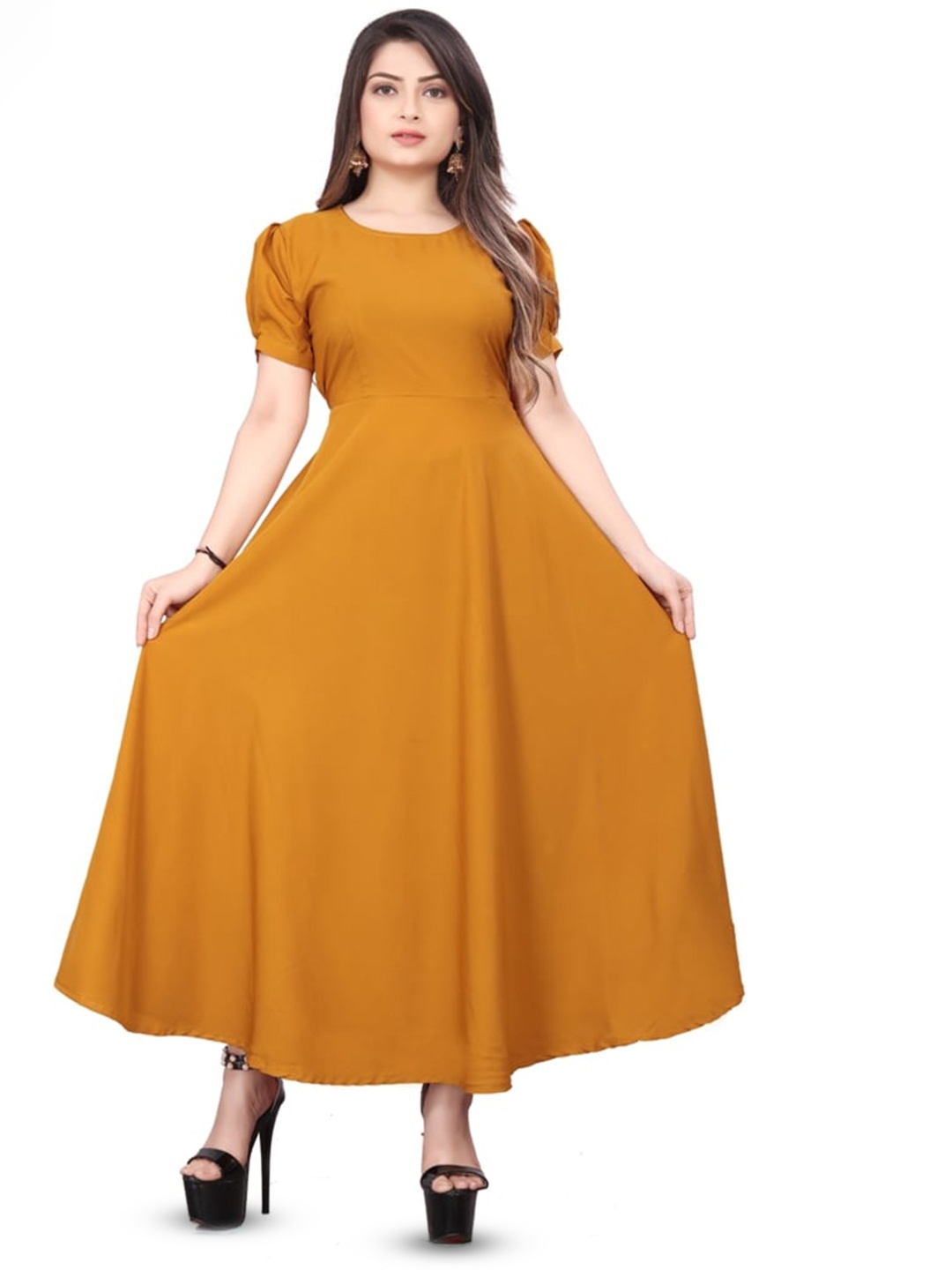 

N N ENTERPRISE Puff Sleeve Crepe Gown Maxi Dress, Yellow