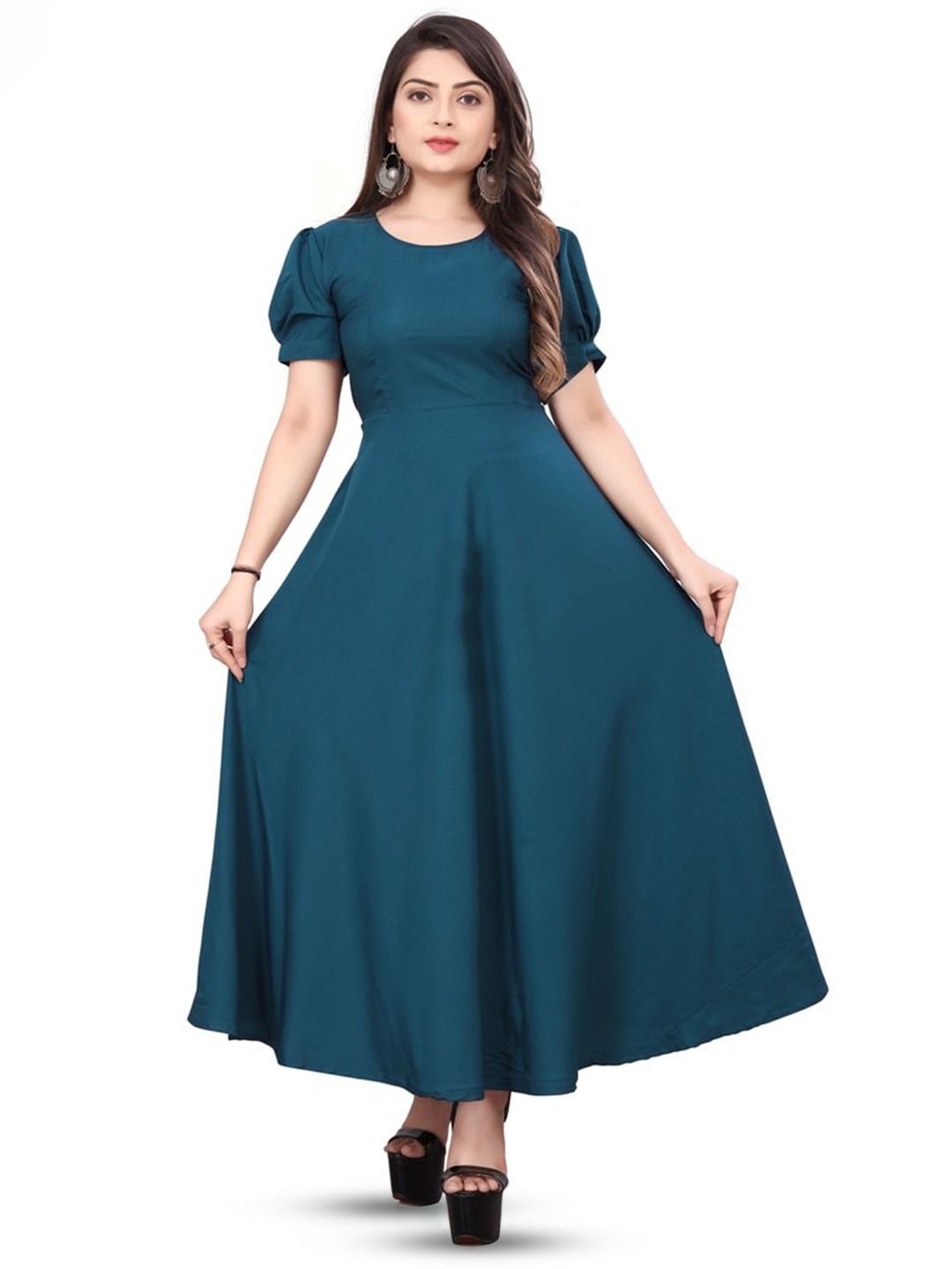 

N N ENTERPRISE Puff Sleeve Crepe Gown Maxi Dress, Turquoise blue