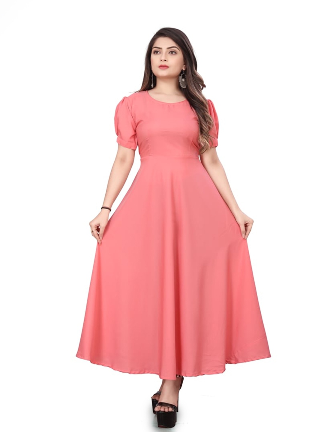 

N N ENTERPRISE Puff Sleeve Crepe Gown Maxi Dress, Pink