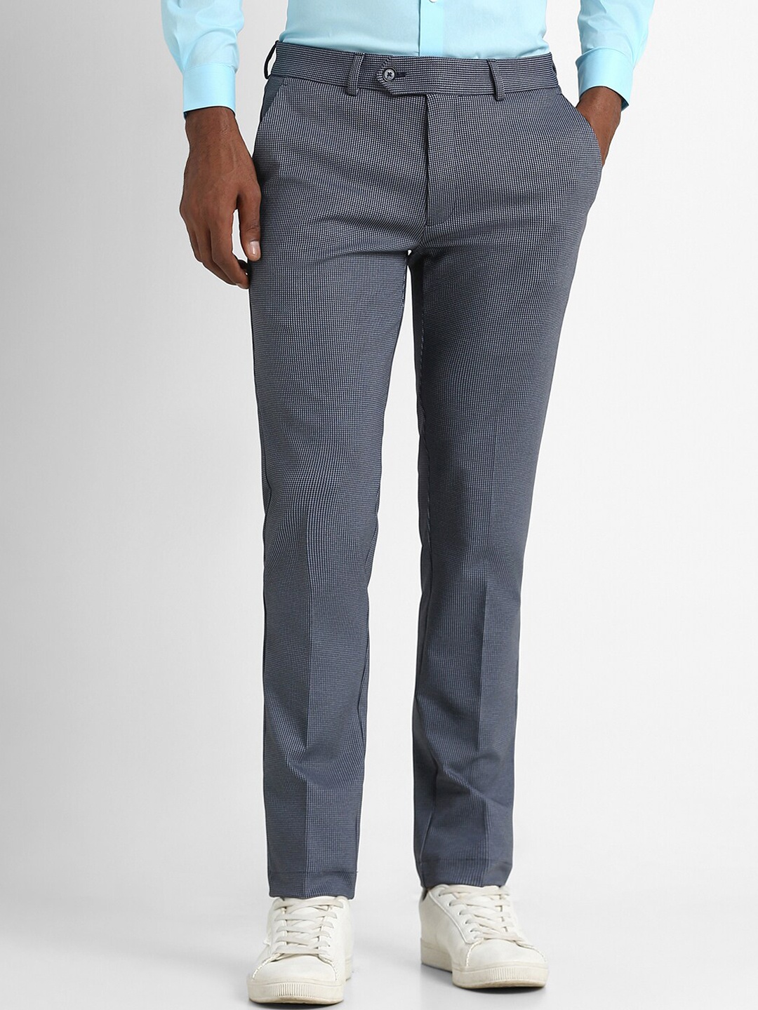 

Peter England Men Textured Mid-Rise Plain Slim Fit Formal Trousers, Grey
