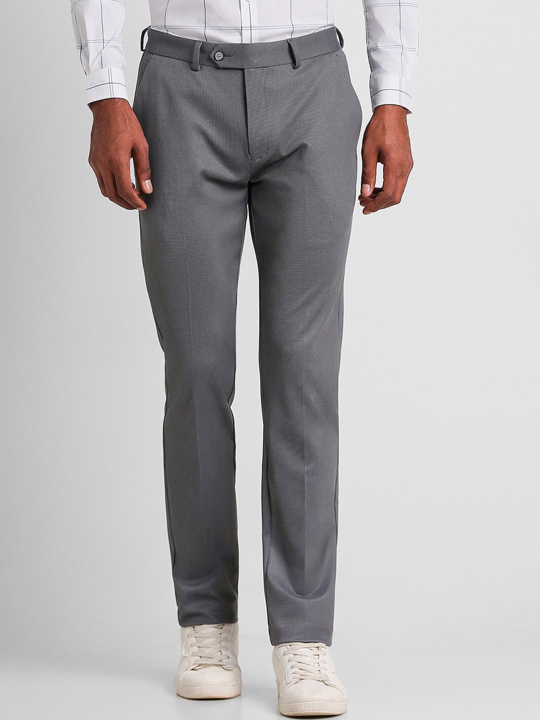 

Peter England Men Mid-Rise Plain Slim Fit Formal Trousers, Grey