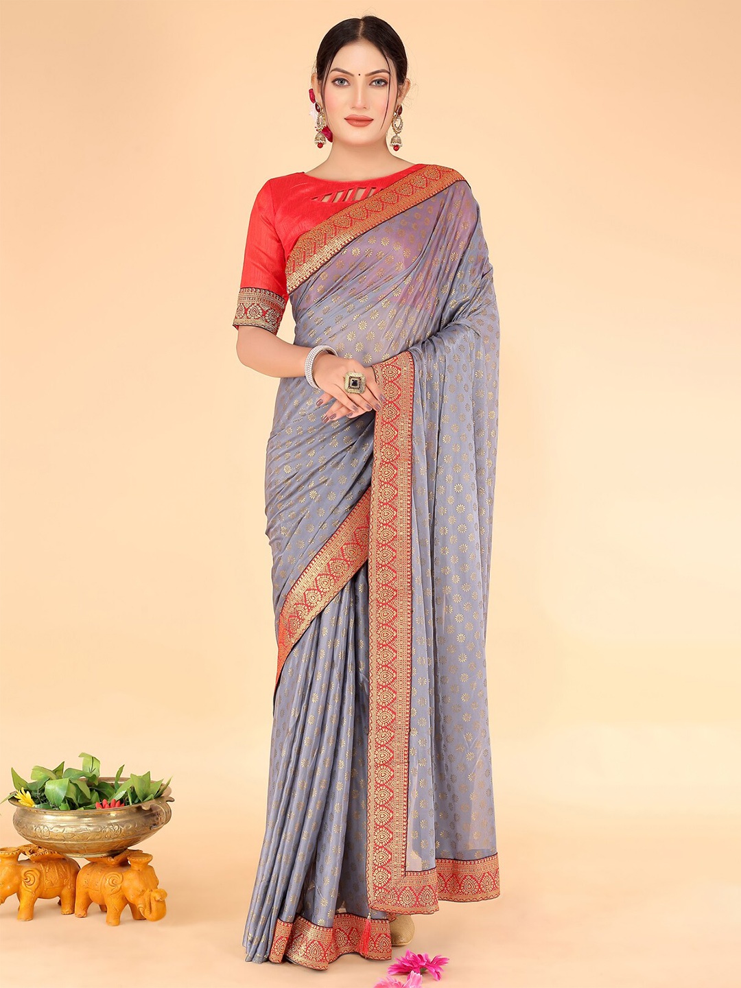 

Florence Floral Printed Zari Saree, Grey