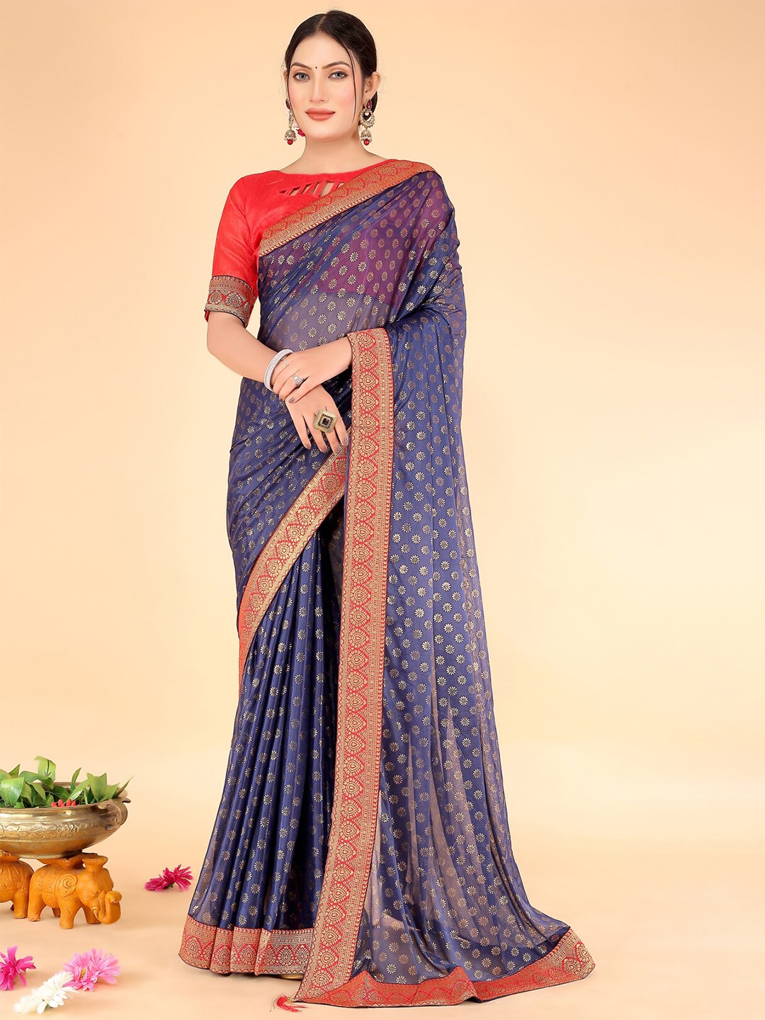 

Florence Floral Printed Zari Saree, Navy blue