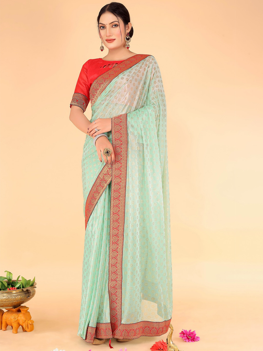 

Florence Floral Printed Zari Saree, Green