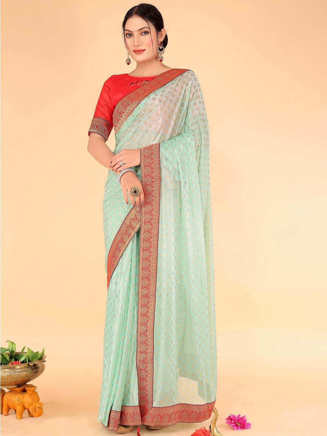 

KALINI Floral Printed Zari Saree, Green