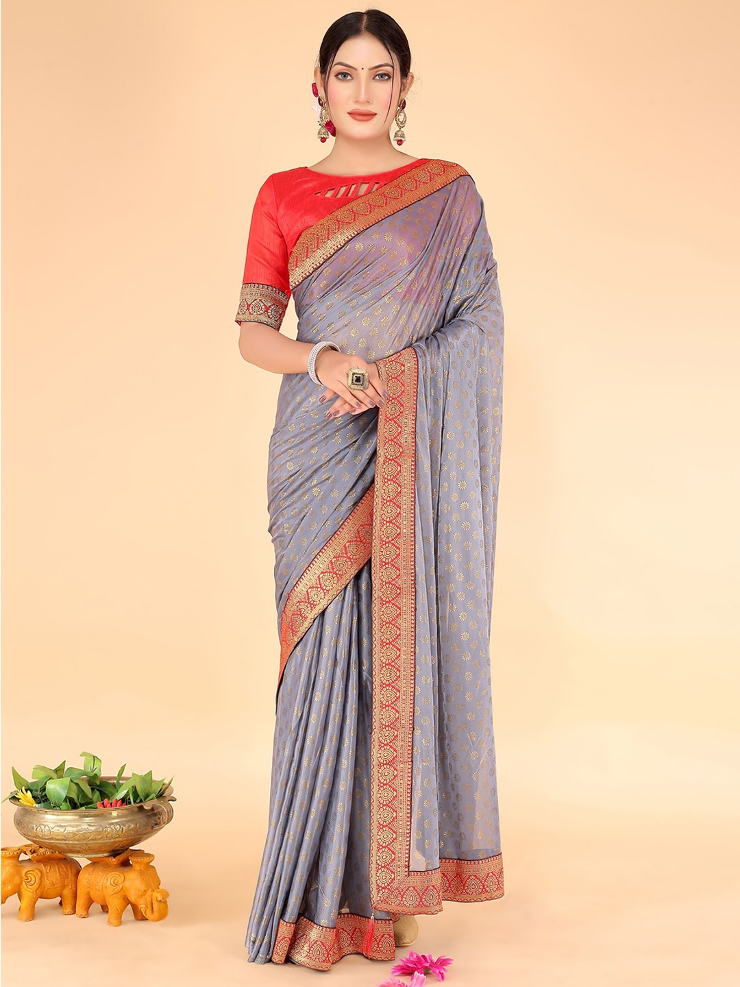 

KALINI Floral Printed Zari Saree, Grey