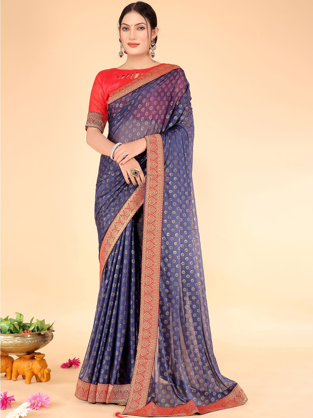 

KALINI Floral Printed Zari Saree, Navy blue
