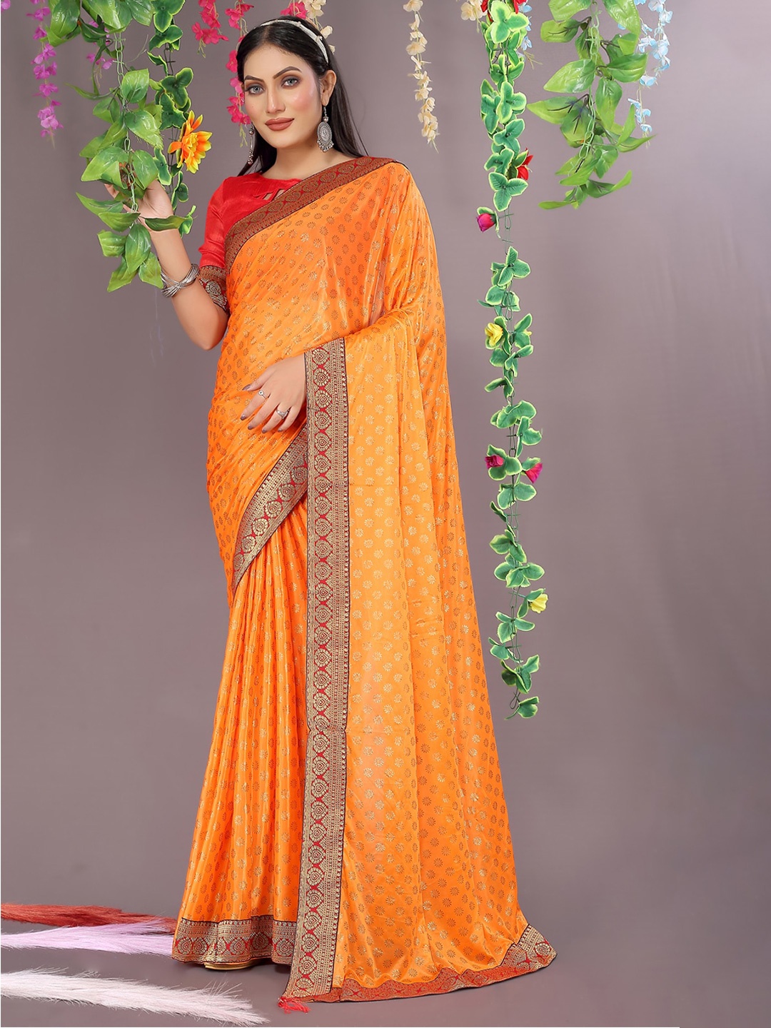 

KALINI Floral Printed Zari Saree, Orange