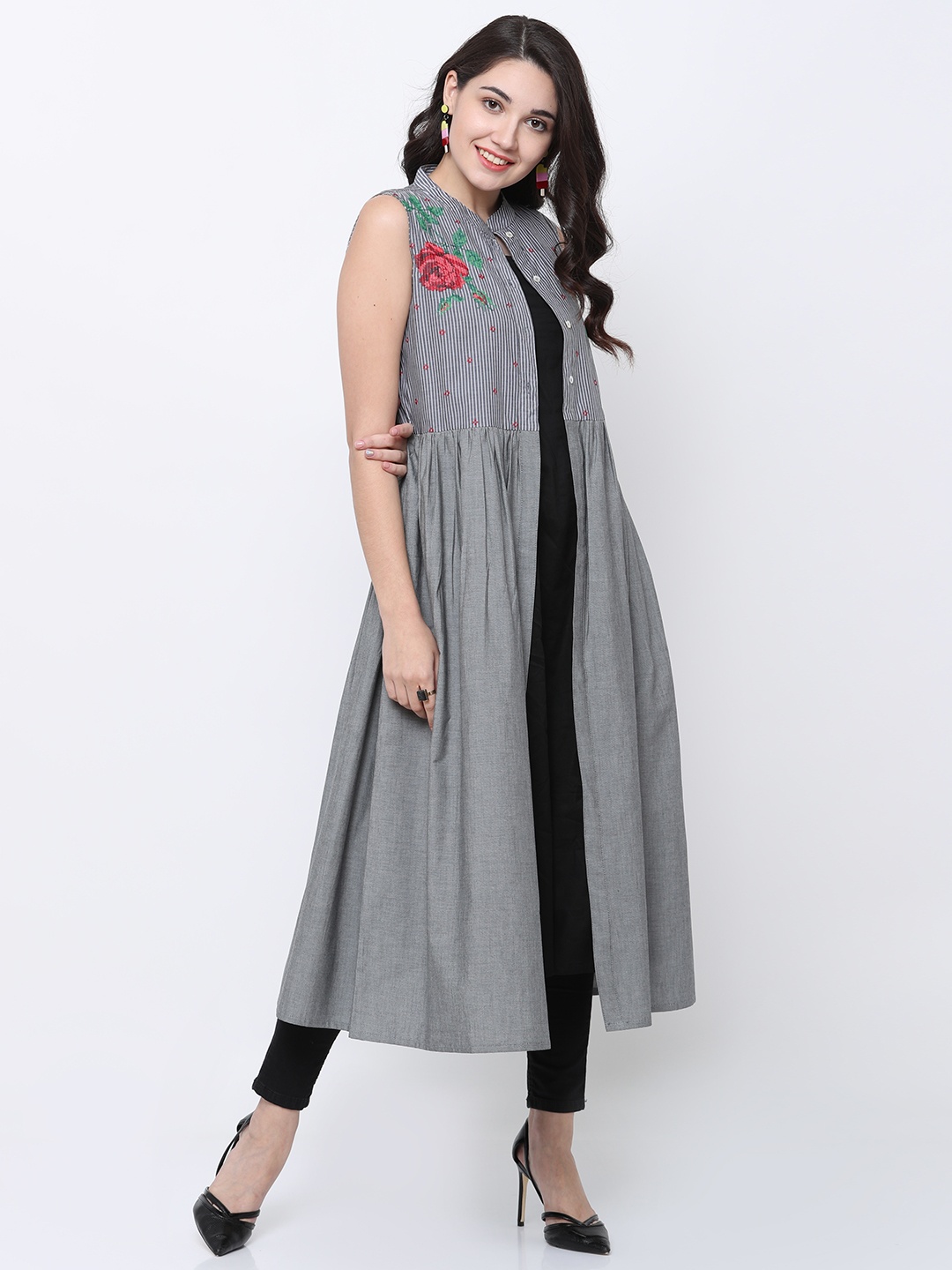 

Vishudh Women Grey Striped Layered Anarkali Kurta