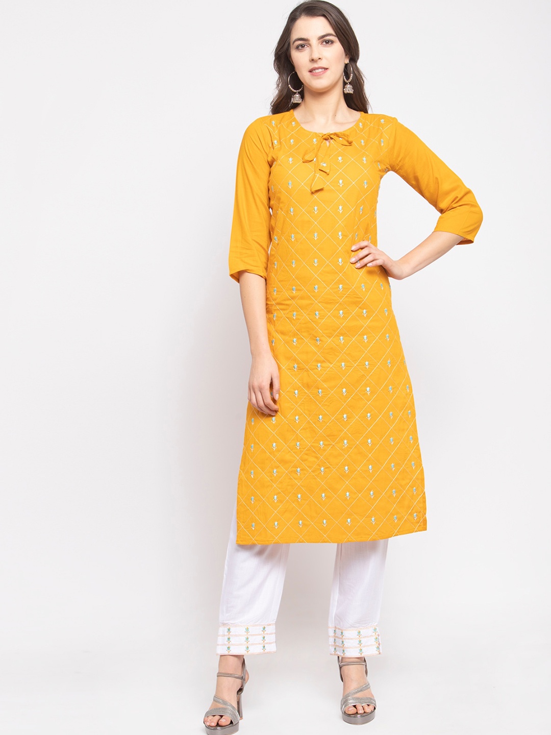 

Stylespace by Isha Ethnic Motifs Embroidered Thread Work Pure Cotton Kurta With Palazzos, Yellow