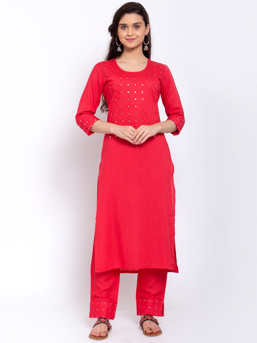 

Stylespace by Isha Mirror Work Pure Cotton Kurta With Palazzos, Maroon