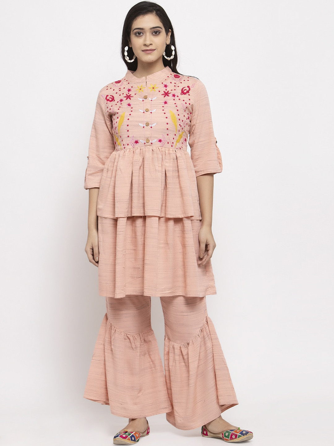 

Stylespace by Isha Floral Embroidered Empire Pure Cotton Kurta With Palazzos, Pink
