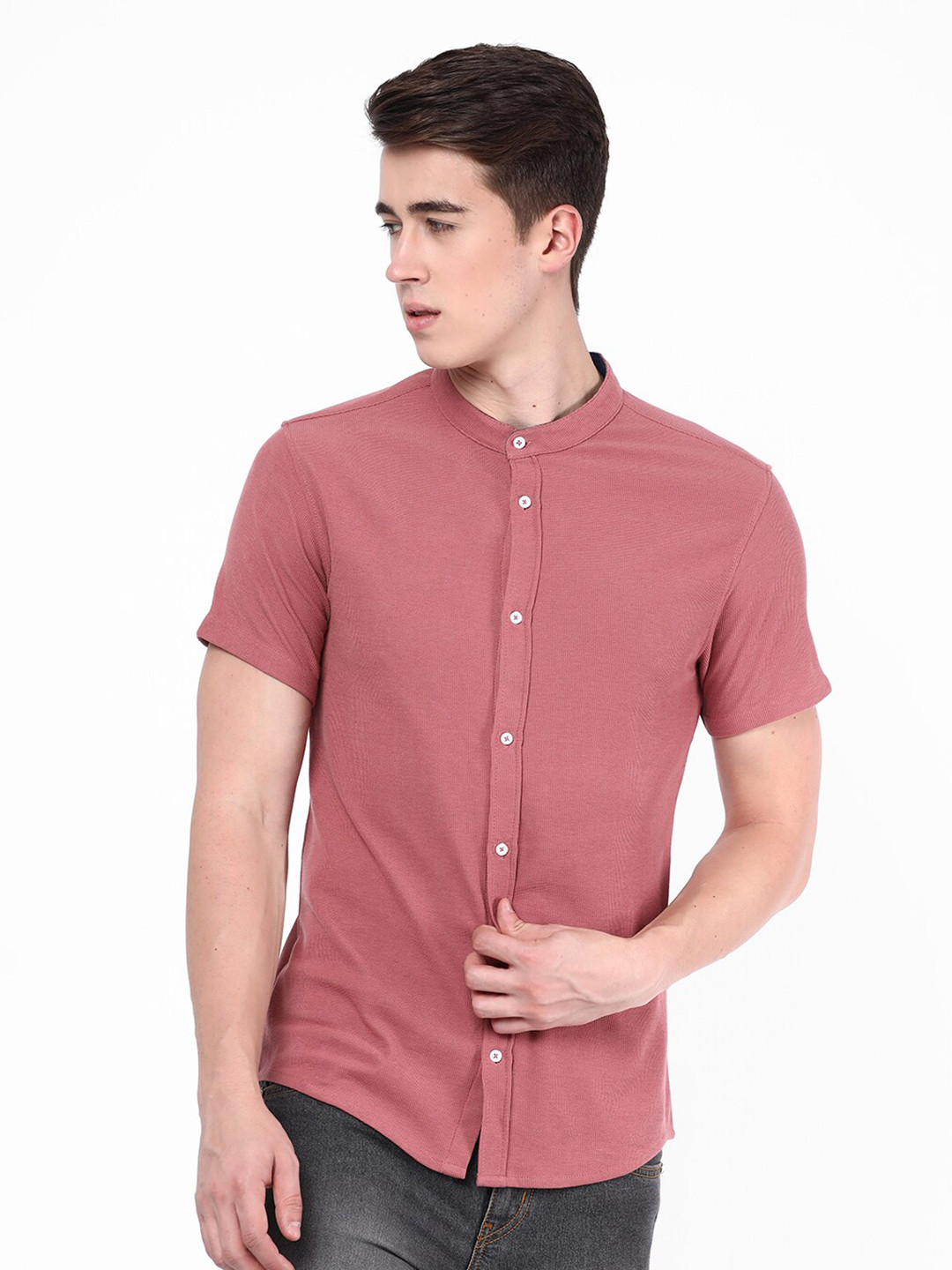 

R&B Mandarin Collar Opaque Cotton Casual Shirt, Pink