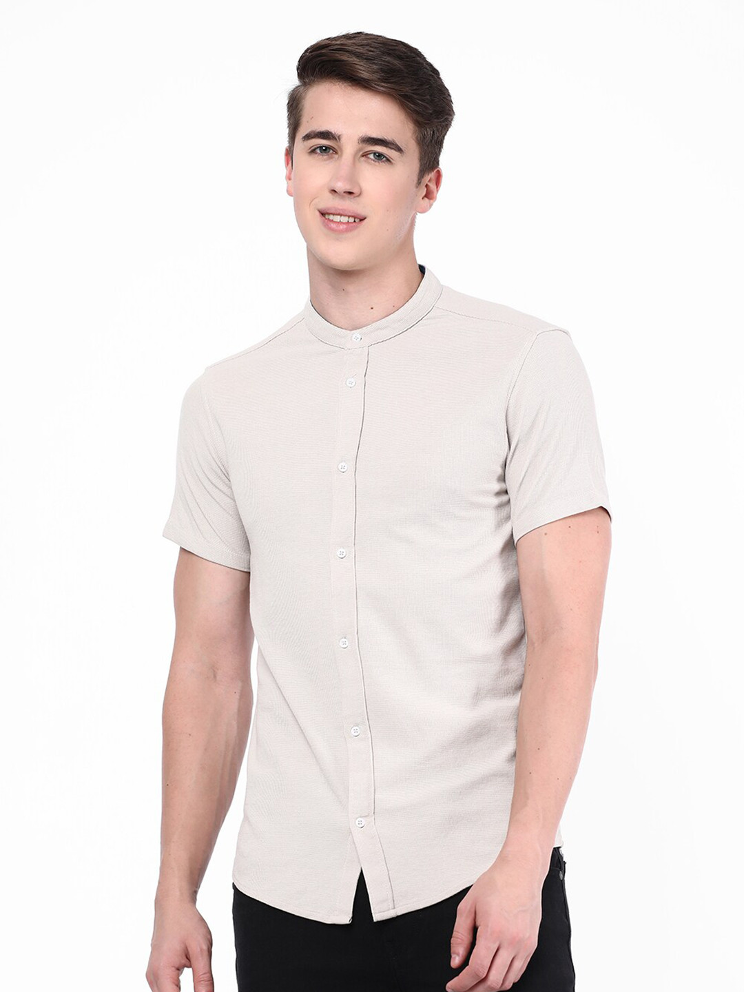 

R&B Mandarin Collar Opaque Cotton Casual Shirt, Beige