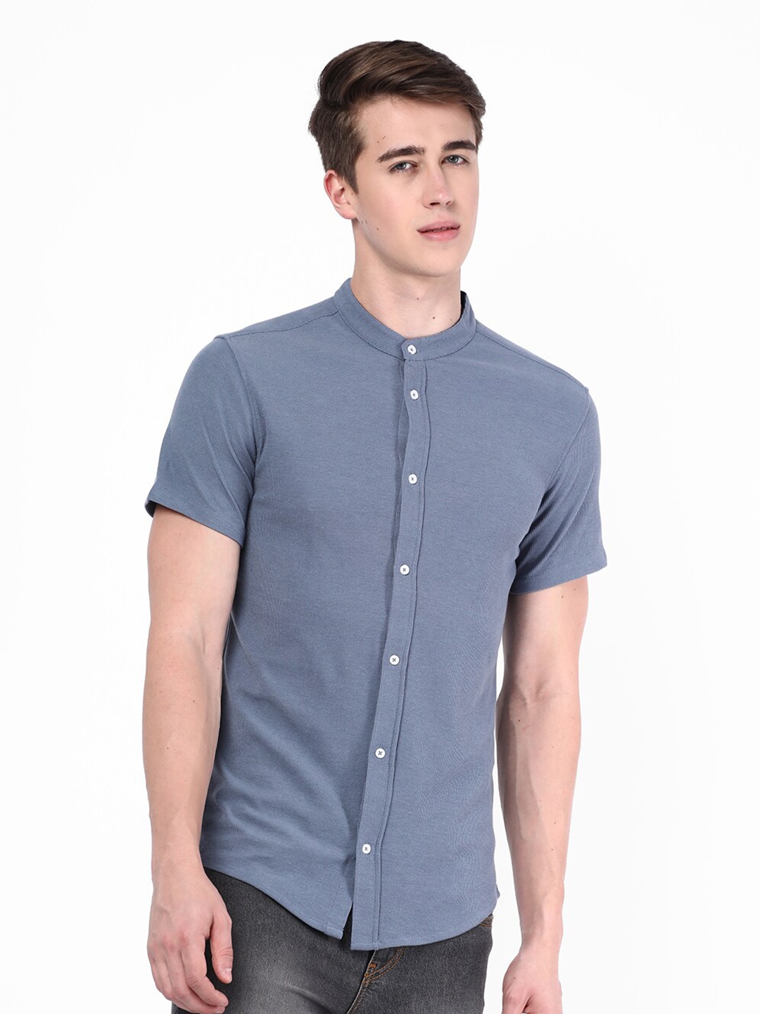 

R&B Mandarin Collar Opaque Cotton Casual Shirt, Blue