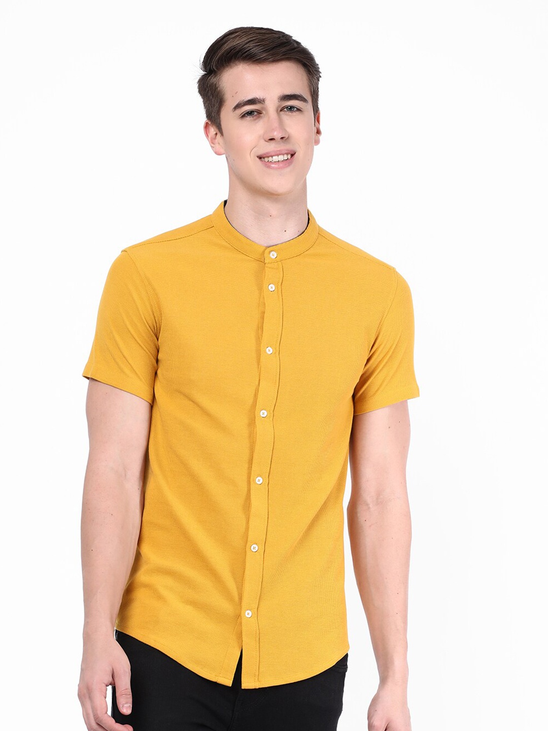 

R&B Mandarin Collar Opaque Cotton Casual Shirt, Yellow