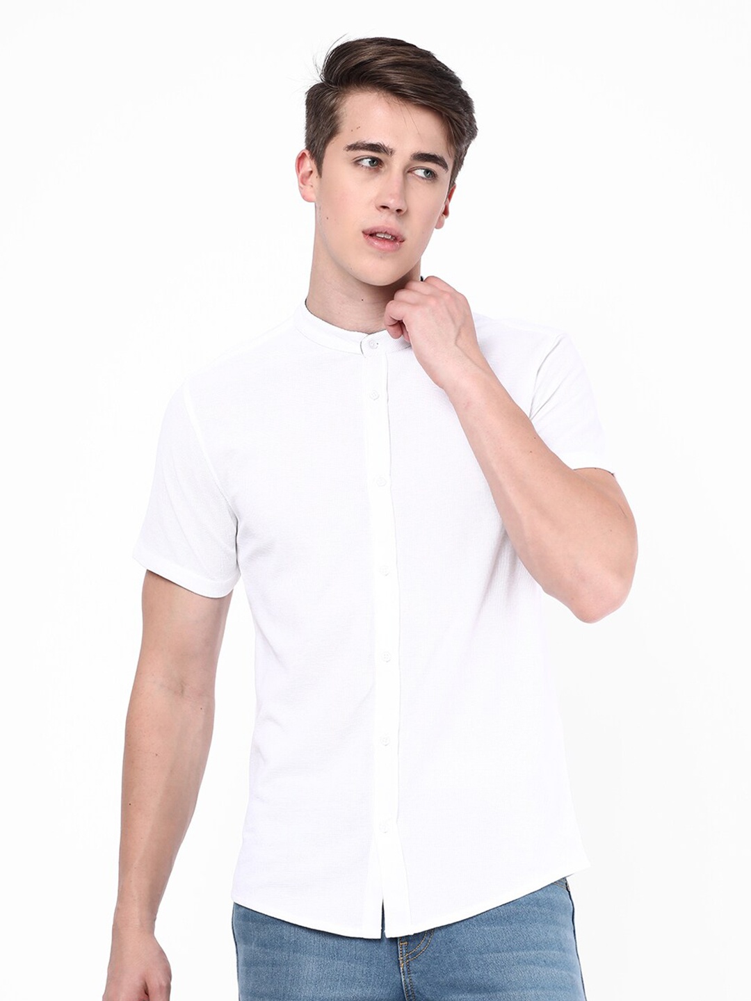 

R&B Mandarin Collar Opaque Cotton Casual Shirt, White