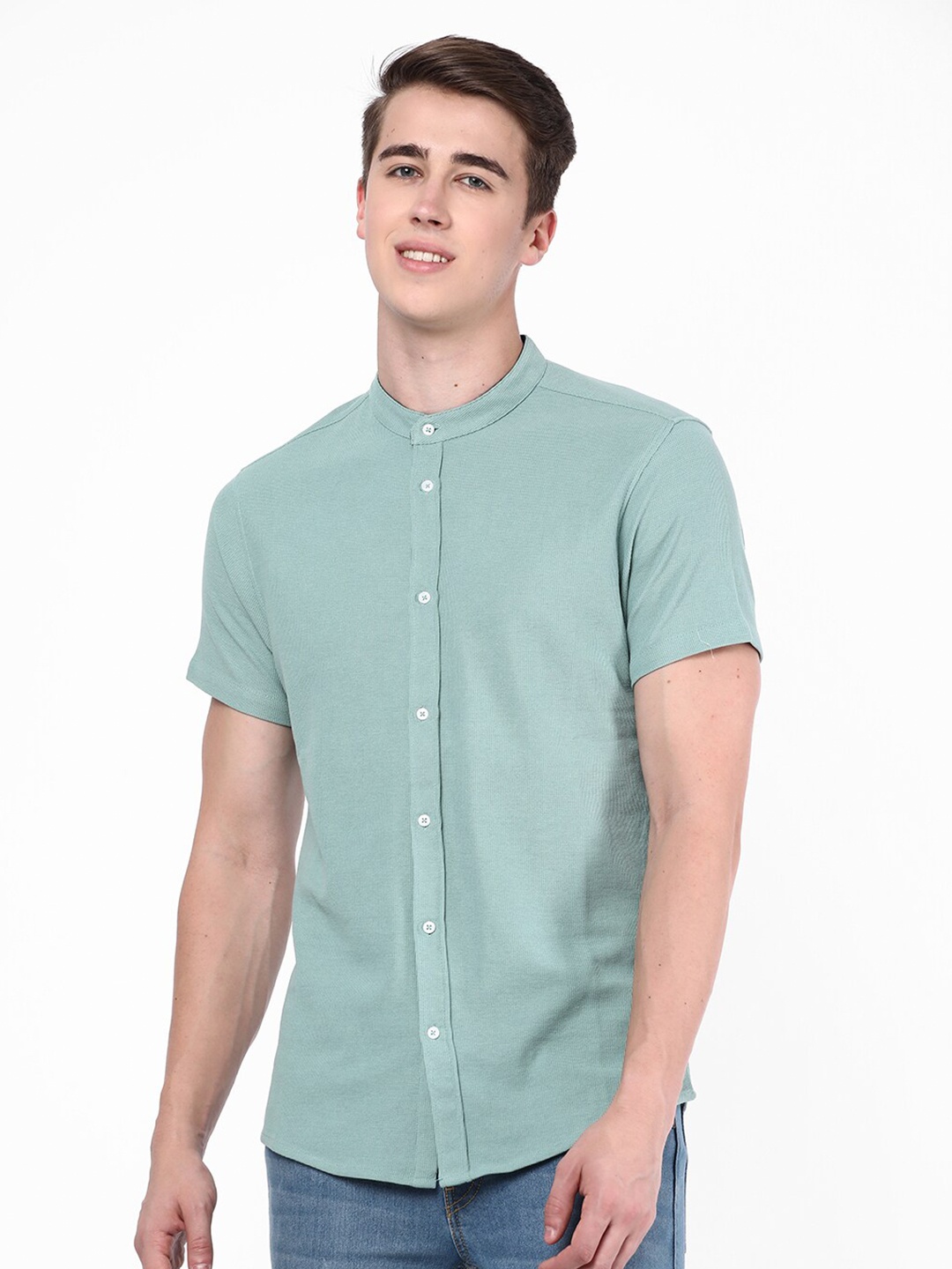 

R&B Mandarin Collar Opaque Cotton Casual Shirt, Green