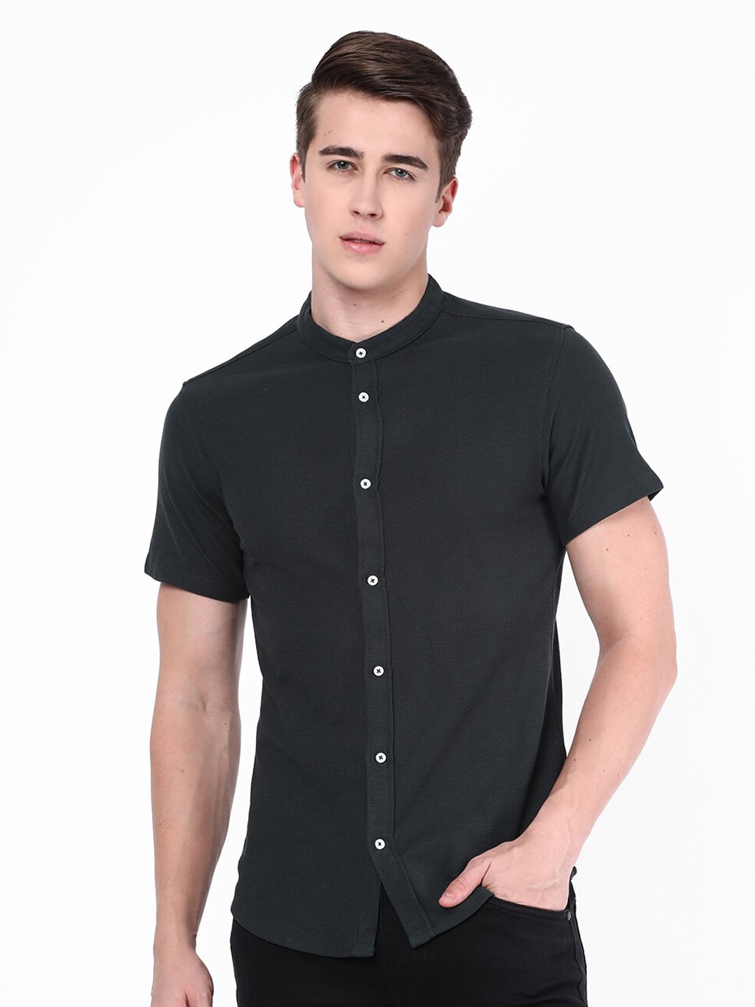 

R&B Mandarin Collar Opaque Cotton Casual Shirt, Green