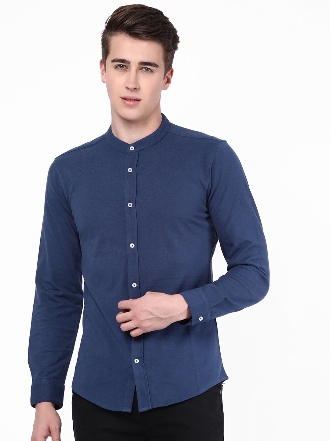 

R&B Mandarin Collar Opaque Cotton Casual Shirt, Blue