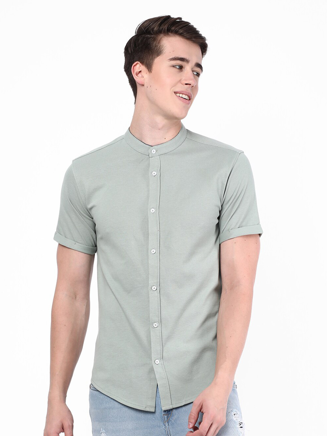 

R&B Mandarin Collar Opaque Cotton Casual Shirt, Green
