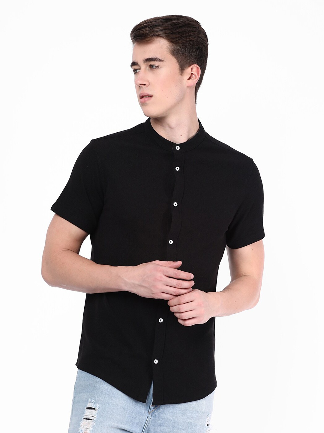 

R&B Mandarin Collar Opaque Cotton Casual Shirt, Black