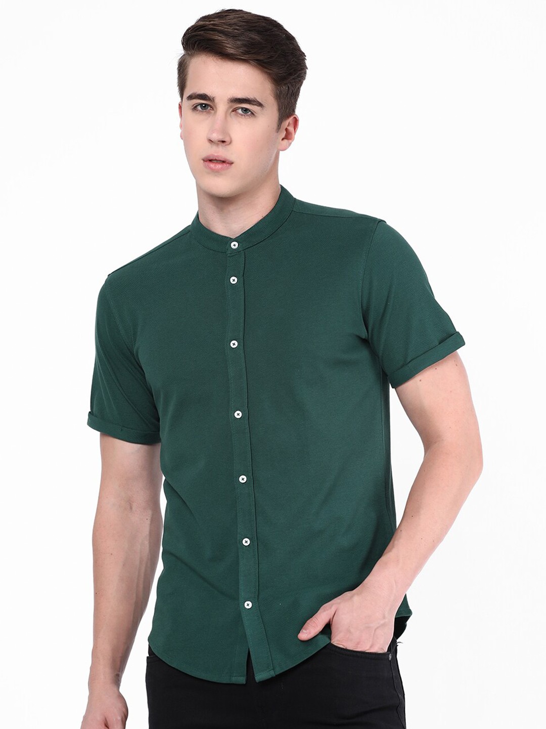 

R&B Mandarin Collar Opaque Cotton Casual Shirt, Green