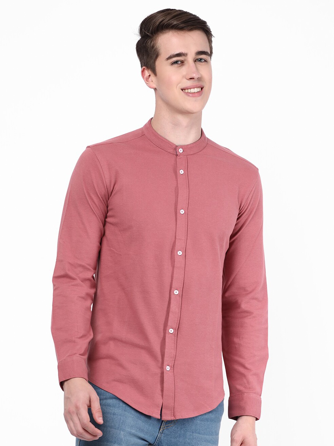 

R&B Mandarin Collar Opaque Cotton Casual Shirt, Pink