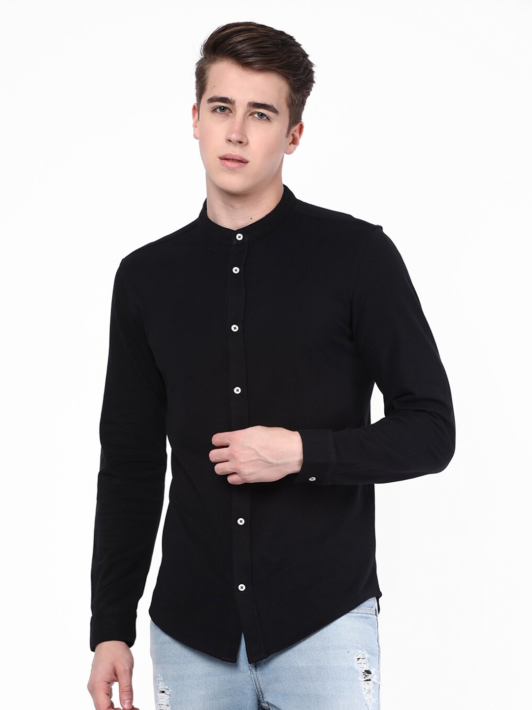 

R&B Mandarin Collar Opaque Cotton Casual Shirt, Black
